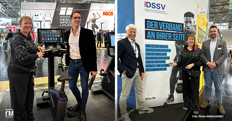 FIBO 2024: NRW State Secretary for Sport and Volunteering Andrea Milz with Jürgen Aschauer (Business Development Director Johnson Health Tech GmbH) at the Matrix stand (left picture) and with DSSV President Thomas Wessinghage and fM Managing Director Janosch Marx at the DSSV stand