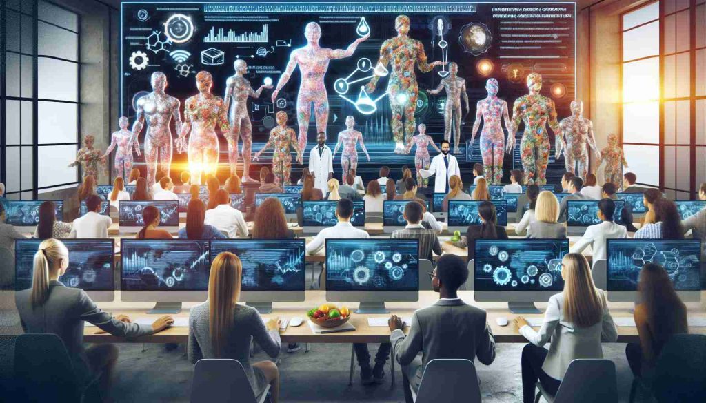 Generate a high-definition image of a technology-driven learning environment.  In the foreground, depict advanced computer systems interpreting complex nutritional data.  The background should be a classroom filled with passionate learners.  Puppetry animations on the computer screen are teaching nutrition elements.  The atmosphere is energetic and cutting-edge.  Inclusivity is emphasized with learners from diverse descents such as Hispanic, Black, Middle-Eastern, South Asian, and White.  The gender representation among the learners is equal.  The holistic vibe portrays how technology and education come together to revolutionize the field of nutrition.
